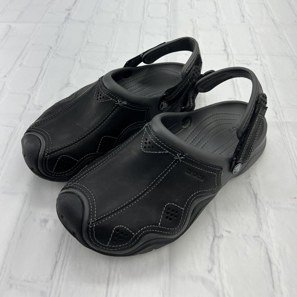 Crocs Swiftwater Men’s Shoes Gray Black Leather Casual Camp Clogs Sandals Size 9